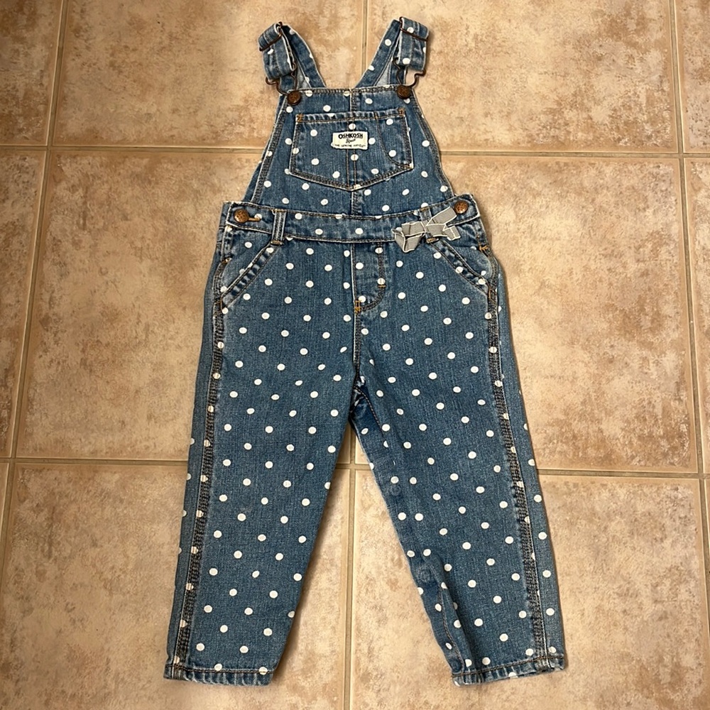 Girl’s OshKosh B’gosh Denim & White Polka Dot Overalls